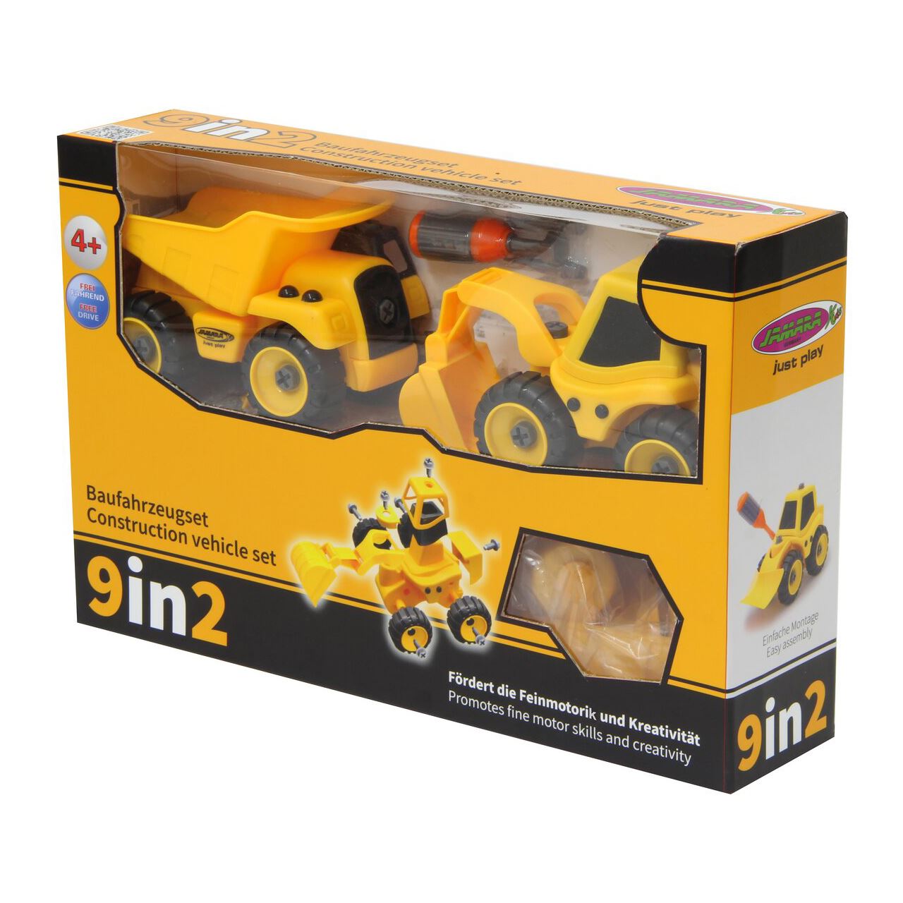 JAMARA Baufahrzeugset 9-in-1 – 9 Modelle Mit 2 Chassis & Werkzeug, Fördert Motorik (gelb, 46 Teile)