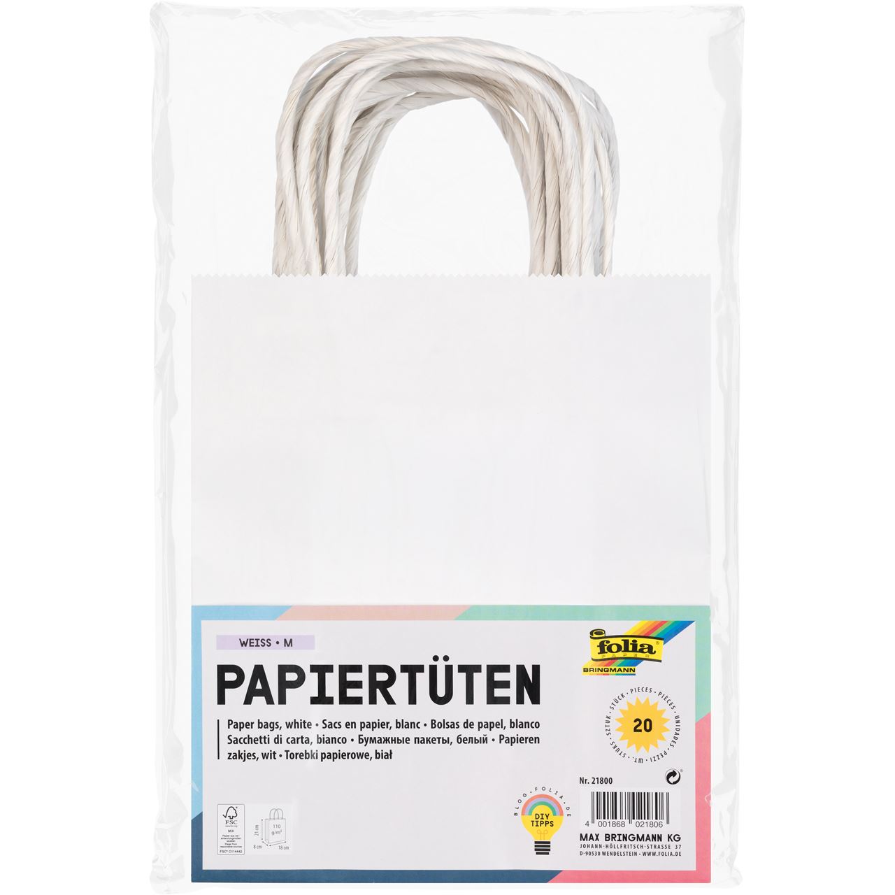 folia 20 Papier-Tragetaschen M weiß 18,0 x 21,0 cm
