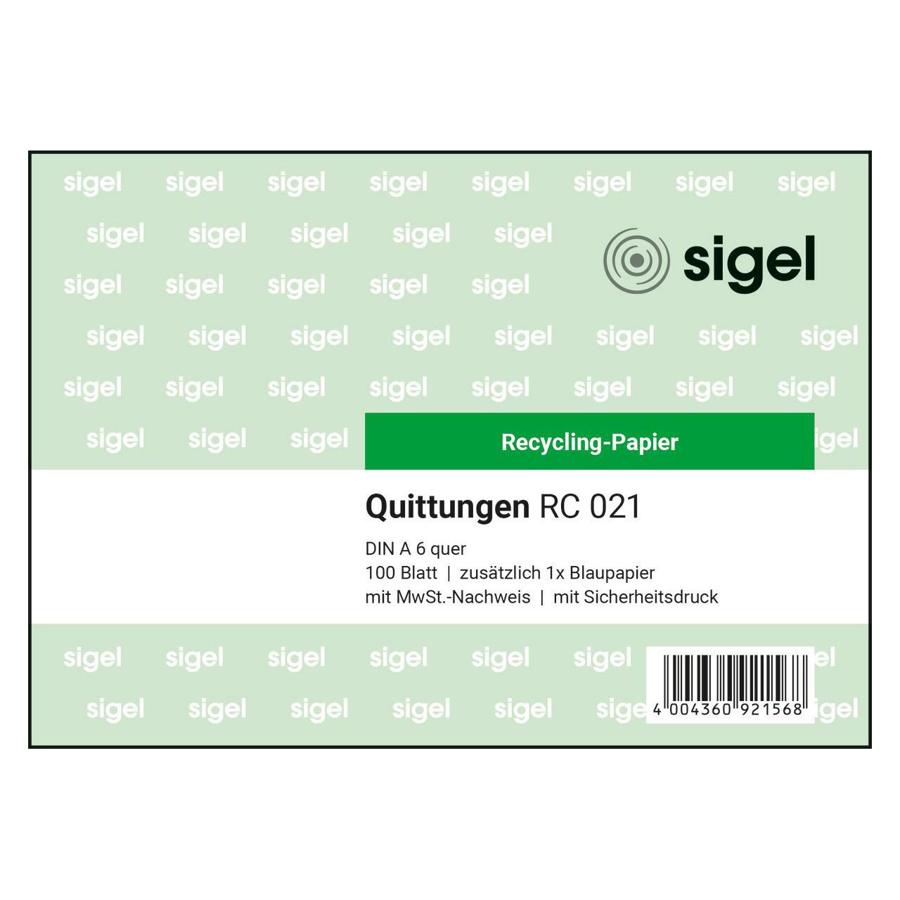 SIGEL Quittung, MwSt. separat ausgewiesen Formularbuch RC021