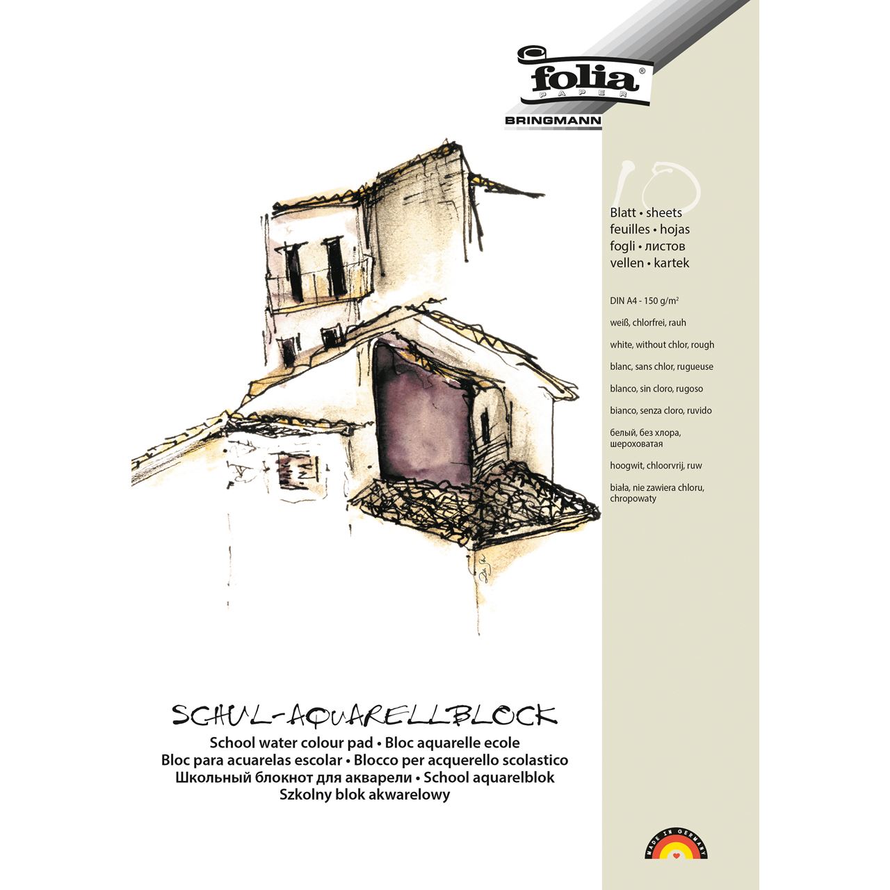 folia Aquarellblock SCHULE 3-Seiten verleimt DIN A4