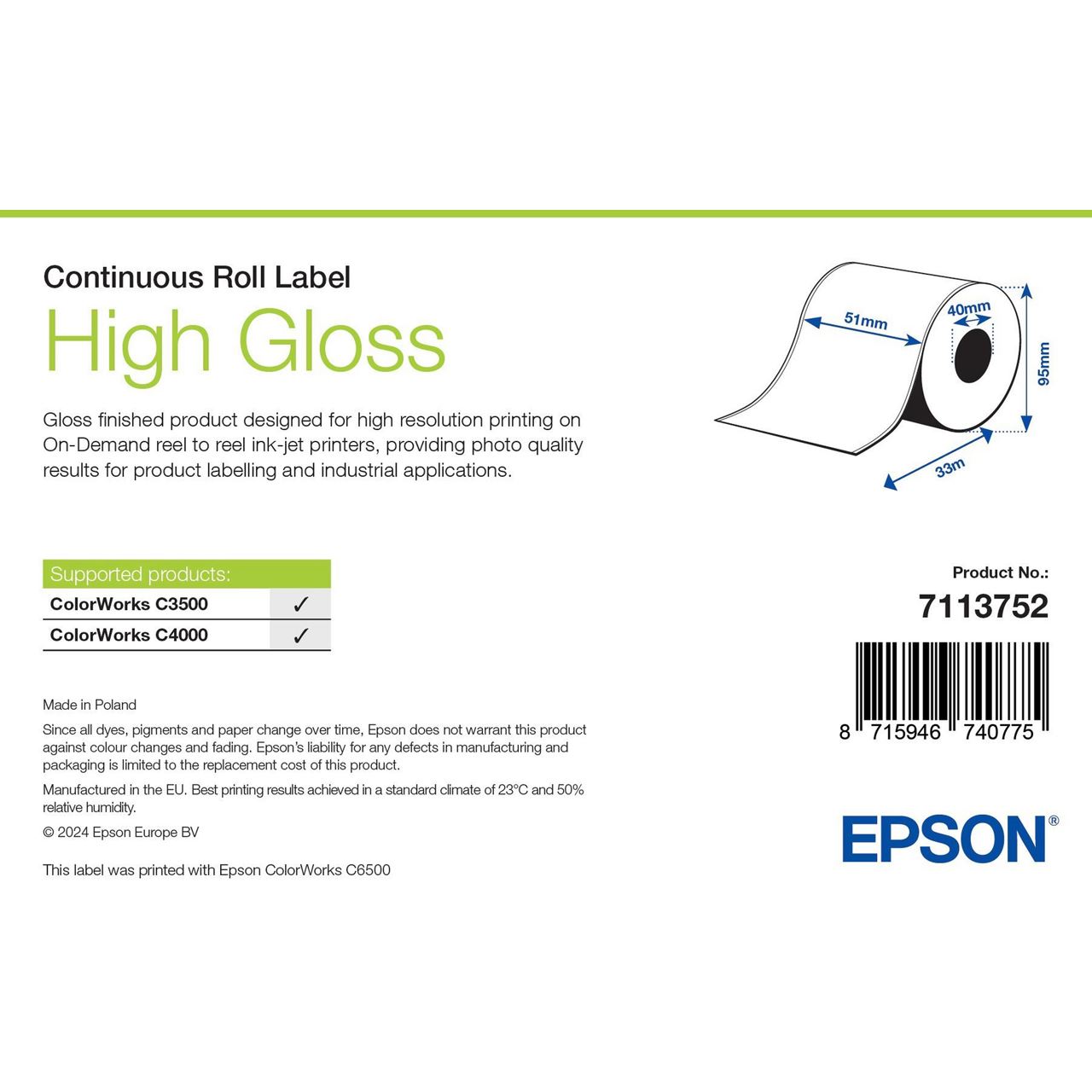 Epson HIGH GLOSS LABEL CONTINUOUS ROLL 102MM X 33M