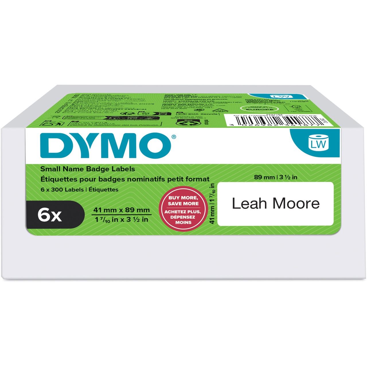 DYMO Etikettenrolle für Etikettendrucker weiß, 41,0 x 89,0 mm, 6 x 300 Etiketten