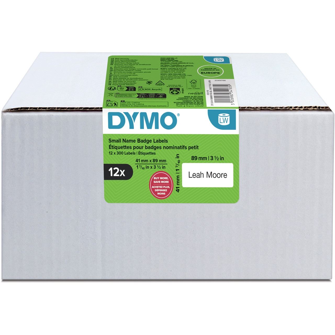 DYMO Etikettenrolle für Etikettendrucker weiß, 41,0 x 89,0 mm, 12 x 300 Etiketten