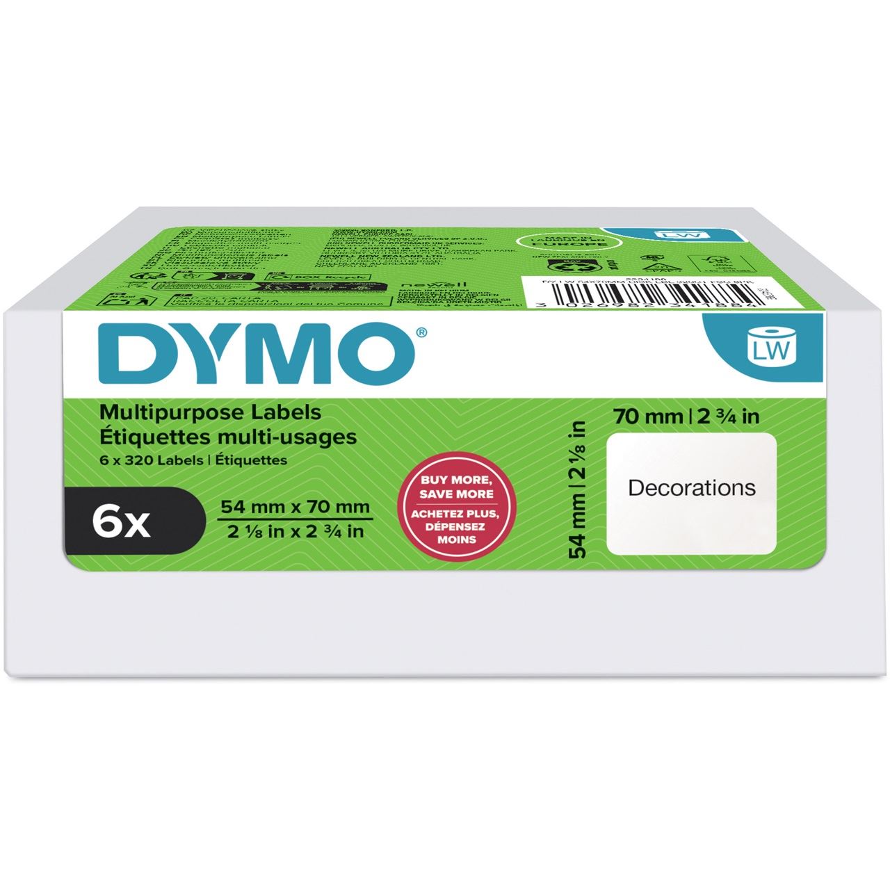 DYMO Etikettenrolle für Etikettendrucker weiß, 54,0 x 70,0 mm, 6 x 320 Etiketten