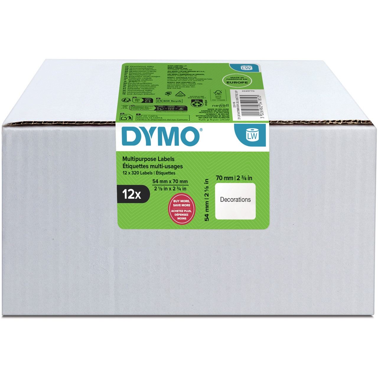 DYMO Etikettenrolle für Etikettendrucker weiß, 54,0 x 70,0 mm, 12 x 320 Etiketten