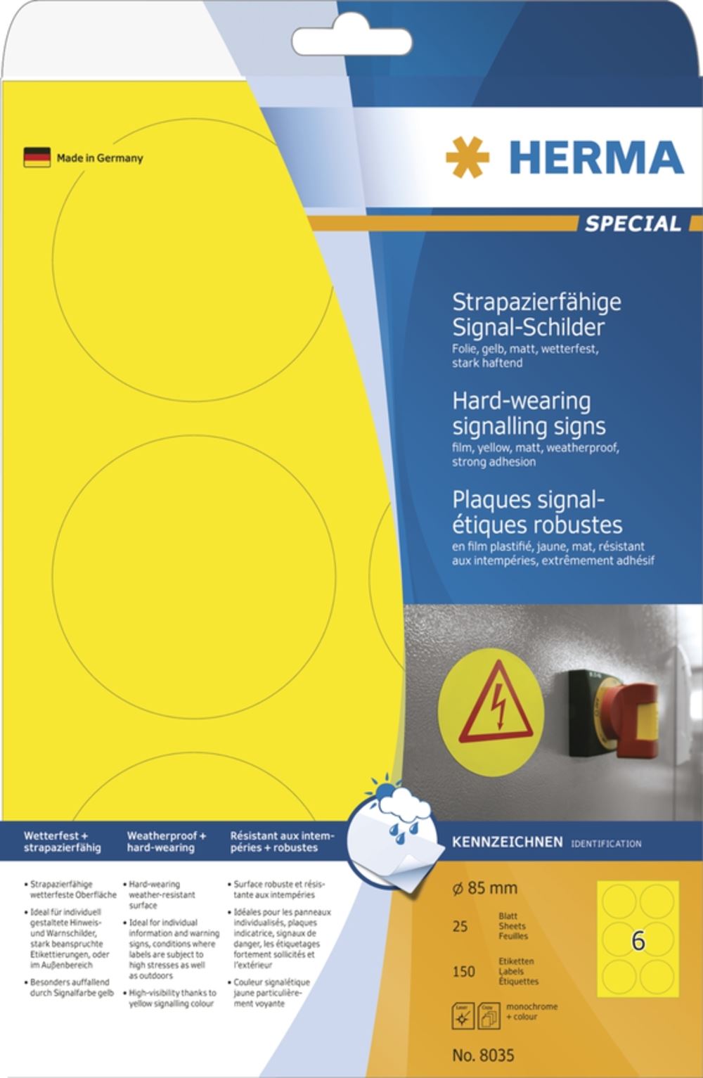 Herma 8035 strapazierfähig gelb Signal-Schilder 8.5x8.5 cm (25 Blatt (150 Etiketten))