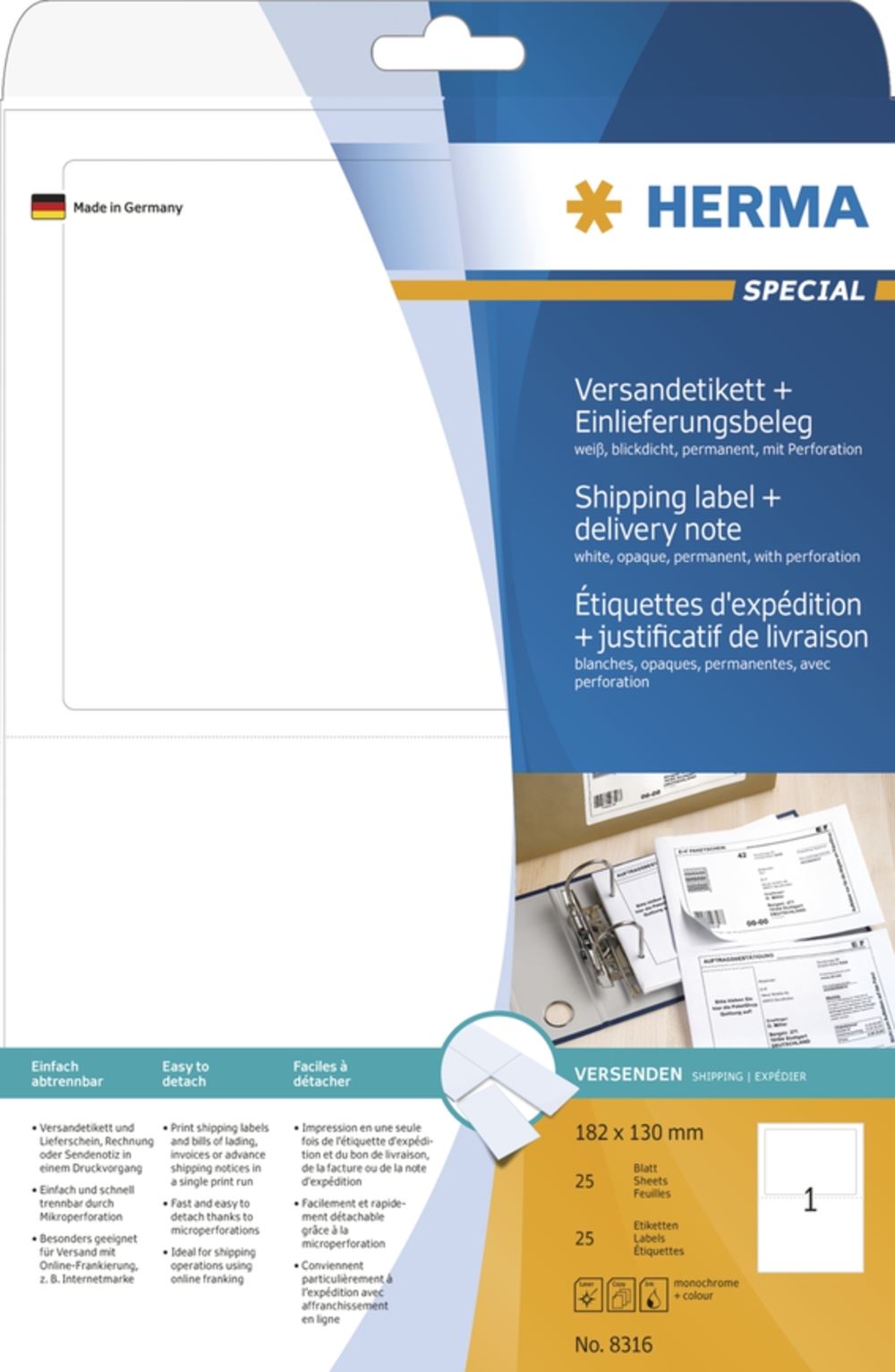 Herma 8316 blickdicht Versand-Etiketten plus Einlieferungsbeleg 18.2x13 cm (25 Blatt (25 Etiketten))